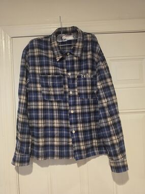 Cherry Blue Plaid Button-Up Flannel Long Sleeve Shirt